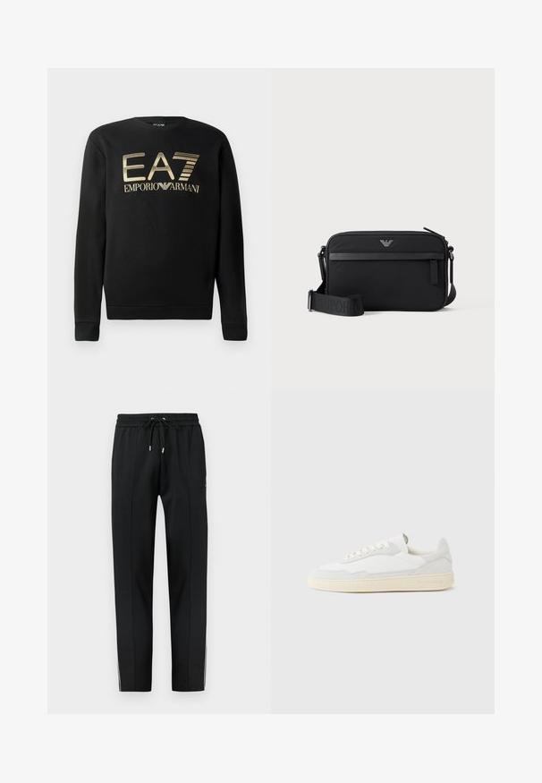 Mustapaita, jossa on pyöreä kaula-aukko, ja kultainen EA7 Emporio Armani -logo rinnassa. Pehmeää kangasta, jossa ribbireunat hihoissa ja helmassa.; Musta kapealahkeinen collegehousut, joissa on joustava vyötärönauha ja kiristysnauha, hienovaraiset saumat ja valkoiset sivuraidat lahkeiden alaosassa.; Valkoinen lenkkari, jossa on teksturoitu mokka- ja nahkapäällinen. Siinä on pyöreä kärki, nauhallinen suljenta ja vastavärinen beigen sävyinen kumipohja.; Musta suorakaiteen muotoinen olkalaukku, jossa edessä vetoketjutasku, säädettävä olkahihna ja pieni metallinen logo yläkeskellä.