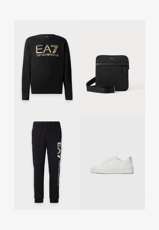 Sudadera negra con cuello redondo, que presenta el logo dorado de EA7 Emporio Armani en el pecho. Tejido suave con puños y dobladillo acanalados.; Pantalones deportivos negros hechos de tejido elástico. Cuentan con una cintura elástica, puños acampanados, y una marca blanca en la pierna izquierda.; Zapatilla de cuero blanca con un acabado suave, puntera redonda, cordones planos y suela texturizada. Cuenta con un sutil logo en el talón.; Bolso de hombro negro cuadrado con cierre de cremallera, bolsillo delantero y correa ajustable con nombre de marca en relieve.