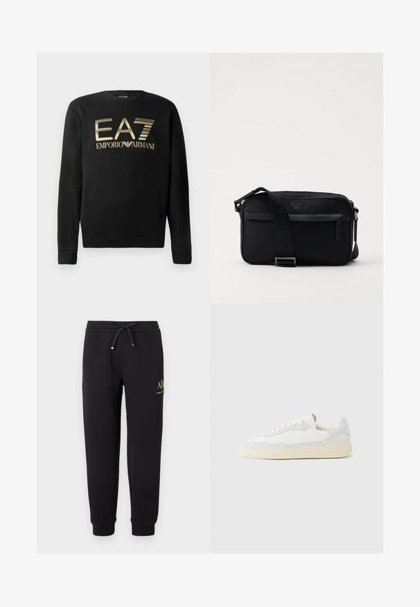 Čierna mikina s okrúhlym výstrihom, s vyšívaným zlatým logom EA7 Emporio Armani na hrudi. Mäkčená tkanina s rebrovanými manžetami a spodným okrajom.; Čierne teplákové nohavice s elastickým pásom a šnúrkou, manžetami na členkoch a malým zlatým logom "A|X Armani Exchange" na pravom stehne.; Biela teniska s jemne štruktúrovaným zvrškom zo semišu a kože. Má zaoblenú špičku, viazanie na šnúrky a kontrastnú béžovú gumovú podrážku.; Čierna nylonová taška cez rameno so kontrastným popruhom, štýlovým obdĺžnikovým tvarom, detailom loga a zipsovou kapsou na prednej strane.