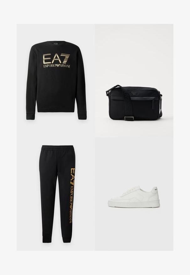 Čierna mikina s okrúhlym výstrihom, s vyšívaným zlatým logom EA7 Emporio Armani na hrudi. Mäkčená tkanina s rebrovanými manžetami a spodným okrajom.; Čierne tepláky s elastickým pásom a manžetami na spodku. Na ľavej strane nohavice sa nachádza vertikálny zlatý potlač loga. Vyrobené z mäkkej tkaniny.; Biele kožené tenisky s hladkým povrchom, okrúly špičkový dizajn, ploché šnúrky a textúrovaná podrážka. Obsahujú jemné logo na päte.; Čierna nylonová taška cez rameno so kontrastným popruhom, štýlovým obdĺžnikovým tvarom, detailom loga a zipsovou kapsou na prednej strane.