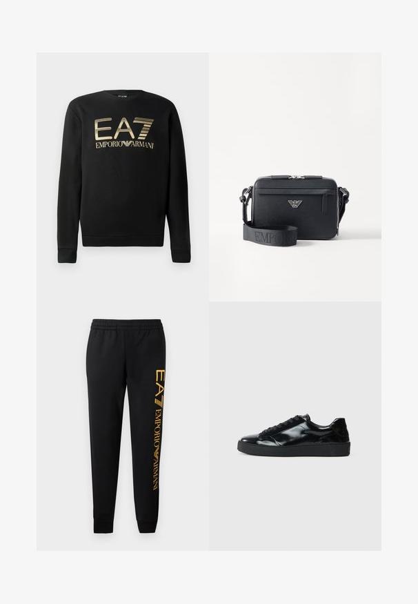 Zwart sweatshirt met ronde hals, voorzien van het gouden EA7 Emporio Armani-logo op de borst. Zachte stof met geribbelde mouwen en onderrand.; Zwarte sweatpants met elastische tailleband en aangesloten boorden. Heeft een verticale gouden logoprint op het linkerpant. Gemaakt van zachte stof.; Zwarte gepatenteerde leren sneakers met een ronde neus, vetersluiting, een gestructureerde rubberen zool en een glanzende afwerking.; Zwarte crossbody tas gemaakt van gestructureerd materiaal. Beschikt over een ritssluiting, een voorzak met rits en een metalen logoaccent. Inclusief verstelbare schouderband.