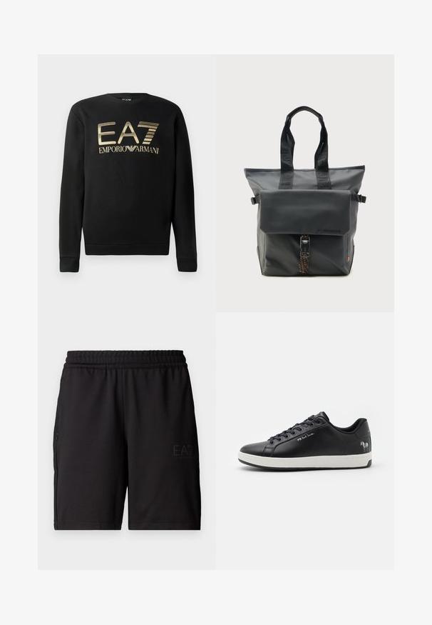 Zwart sweatshirt met ronde hals, voorzien van het gouden EA7 Emporio Armani-logo op de borst. Zachte stof met geribbelde mouwen en onderrand.; Zwarte sportshorts van lichtgewicht stof, met een elastische tailleband en zijpanelen van mesh. Merklogo gedrukt op de voorkant.; Zwarte leren sneaker met een witte rubberen zool, ronde neus, vetersluiting en een zebra-afbeelding op de hiel. Bevat subtiele logo-branding.; Zwarte draagtas met bovenhandgrepen, voorklepzak met gesp en oranje gestipte band, minimalistisch ontwerp op een effen achtergrond.