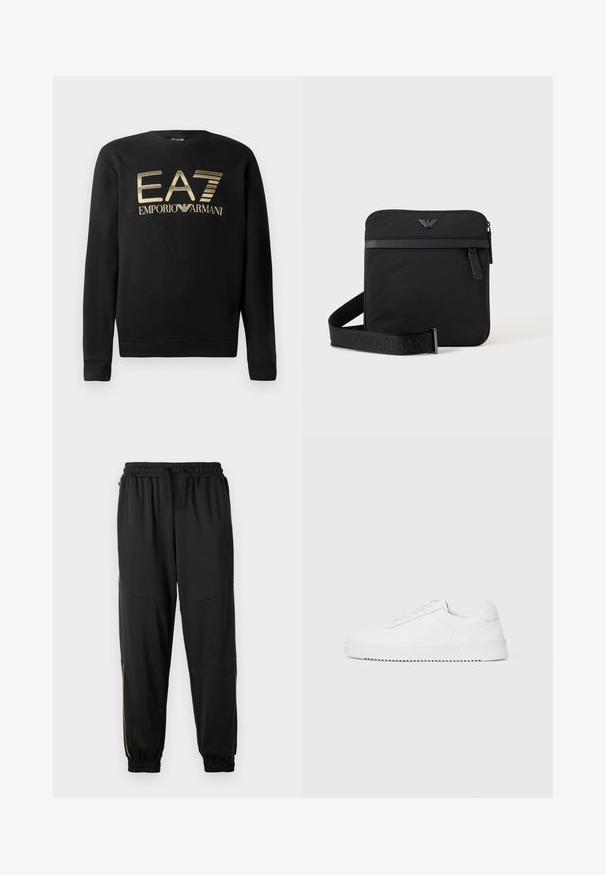 Mustsa kapuutsita sviiter, millel on rinna peal kuldne EA7 Emporio Armani logo. Pehme kangas ribiga varrukate ja äärtega.; Mustad mustree vihikud, mis on valmistatud venivast kangast, elastse vöökoha, külgmiste tõmblukuga taskute ja kontrastsete kuldsete aktsentidega varrukate servadega.; Valge jooksutoss, millel on siledast nahast ülemine osa, ümmargune nina, paelad, tekstuuriga küljeaktsendid ja paks kummitald. Minimalistlik disain.; Must ruudukujuline õlakott tõmblukuga, esitasku ja reguleeritava rihmaga, millel on reljeefne kaubamärgi nimi.