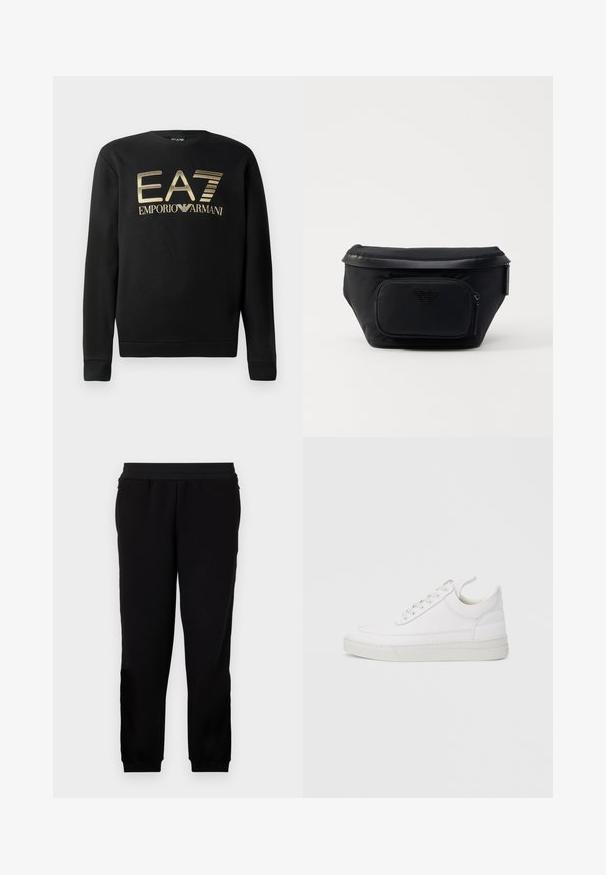 Sudadera negra con cuello redondo, que presenta el logo dorado de EA7 Emporio Armani en el pecho. Tejido suave con puños y dobladillo acanalados.; Pantalones de chándal negros hechos de un material suave, con una banda elástica en la cintura, puños ajustados y bolsillos laterales para mayor comodidad.; Zapatilla blanca de cuero con punta redondeada, suela plana y cierre de cordones. Presenta detalles de costuras y un cuello acolchado para mayor comodidad.; Bolsa negra de nailon con un bolsillo delantero con cremallera, presenta una textura lisa y un acento de logo. Diseño estructurado con una tapa plegable.