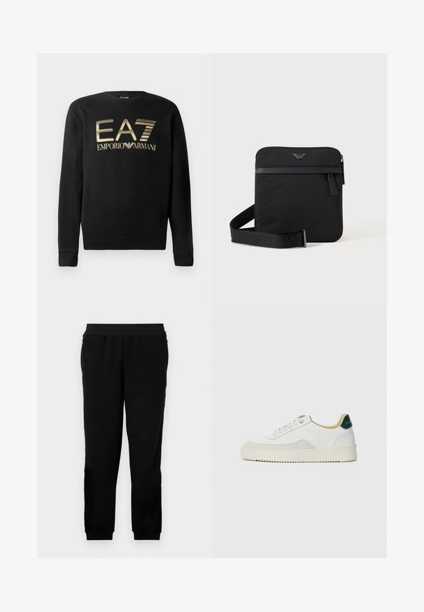 Sudadera negra con cuello redondo, que presenta el logo dorado de EA7 Emporio Armani en el pecho. Tejido suave con puños y dobladillo acanalados.; Pantalones de chándal negros hechos de un material suave, con una banda elástica en la cintura, puños ajustados y bolsillos laterales para mayor comodidad.; Zapatilla blanca con acentos de ante, puntera redondeada, cordones planos y suela de goma color crema. Presenta un logo verde en el talón.; Bolso de hombro negro cuadrado con cierre de cremallera, bolsillo delantero y correa ajustable con nombre de marca en relieve.