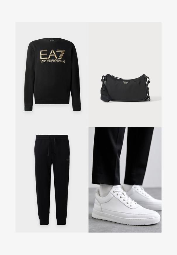 Zwart sweatshirt met ronde hals, voorzien van het gouden EA7 Emporio Armani-logo op de borst. Zachte stof met geribbelde mouwen en onderrand.; Zwarte joggingsbroek van katoenmix met een elastische tailleband met trekkoord, boordjes aan de enkels en een subtiele logo-print aan de zijkant.; Witte leren sneakers met een platte rubberen zool, met een soepele afwerking, ronde neus en metalen oogjes voor de veters. Draag ze met een zwarte broek.; Zwarte rechthoekige crossbodytas met zilveren merklogo-embleem en verstelbare band op een lichte achtergrond.