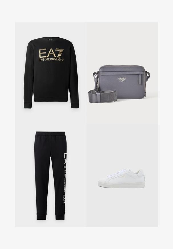 Schwarzer Pullover mit Rundhalsausschnitt, mit goldenem EA7 Emporio Armani-Logo auf der Brust. Weicher Stoff mit gerippten Bündchen und Saum.; Schwarze Sweatpants aus Baumwollmischung mit elastischem Taillenbund, schmal zulaufenden Beinen, gerippten Bündchen und weißem Logo-Druck entlang der Seite.; Weiße Leder-Sneaker mit niedrigem Schnitt, runder Zehenpartie, flachen Schnürsenkeln, strukturierter Sohle und dezentem goldfarbenem Markenlogo an der Seite. Glatte Oberfläche und minimalistisches Design.; Dunkelgraue rechteckige Umhängetasche mit verstellbarem Riemen, vorderer Reißverschlusstasche und silbernem Logo-Emblem.