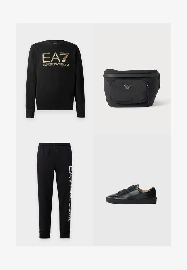 Čierna mikina s okrúhlym výstrihom, s vyšívaným zlatým logom EA7 Emporio Armani na hrudi. Mäkčená tkanina s rebrovanými manžetami a spodným okrajom.; Čierne tepláky vyrobené z bavlnenej zmesi, s elastickým pásom, zúženými nohavicami, ribovanými manžetami a bielym logom na boku.; Čierne kožené tenisky s hladkým povrchom, okrúhlou špičkou a šnúrkami. Majú hrubú gumenú podrážku a minimálne značkové detaily.; Čierna ľadvinka s predným vreckom na zips a strieborným logom orla, hladká látka s textúrovaným lemom a ťaháčikmi zipsu.