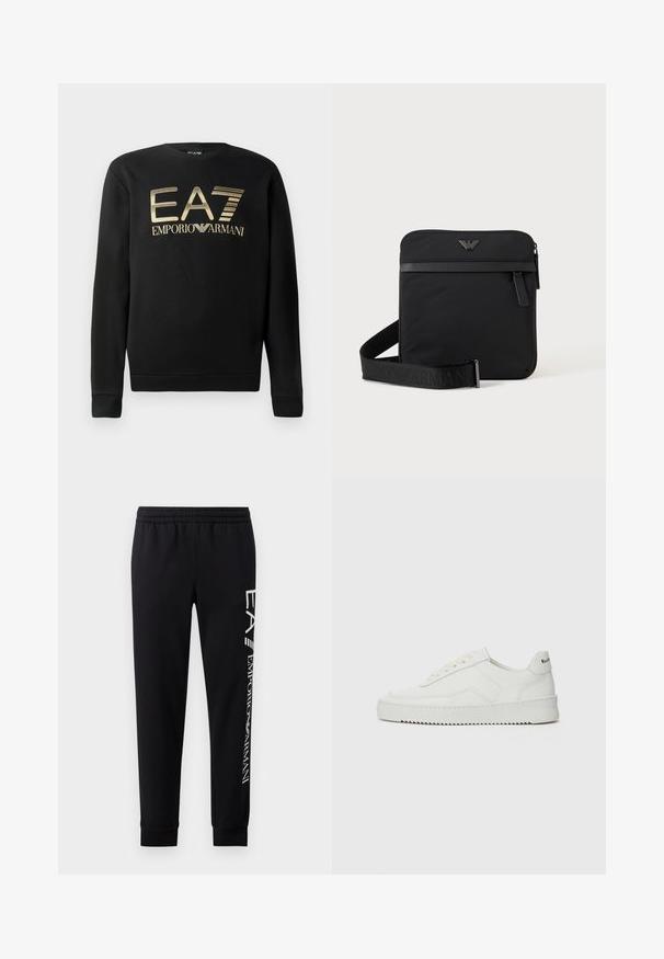 Čierna mikina s okrúhlym výstrihom, s vyšívaným zlatým logom EA7 Emporio Armani na hrudi. Mäkčená tkanina s rebrovanými manžetami a spodným okrajom.; Čierne tepláky vyrobené z bavlnenej zmesi, s elastickým pásom, zúženými nohavicami, ribovanými manžetami a bielym logom na boku.; Biele kožené tenisky s hladkým povrchom, okrúly špičkový dizajn, ploché šnúrky a textúrovaná podrážka. Obsahujú jemné logo na päte.; Čierna štvorcová kabelka cez rameno so zipsom, predným vreckom a nastaviteľným popruhom s vyrazeným názvom značky.