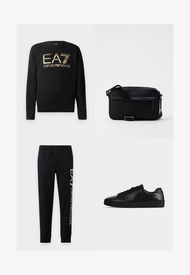 Sweatshirt noir à col rond, arborant le logo doré EA7 Emporio Armani sur la poitrine. Tissu doux avec des poignets et un ourlet côtelés.; Pantalons de survêtement noirs en mélange de coton, dotés d'une taille élastique, de jambes fuselées, de poignets côtelés et d'un imprimé logo blanc sur le côté.; Basket basse en cuir noir avec lacets noirs et semelle épaisse noire, vue de profil sur fond gris clair.; Sac à bandoulière en nylon noir avec une sangle contrastante, une forme rectangulaire élégante, un détail de logo et une poche zippée à l'avant.