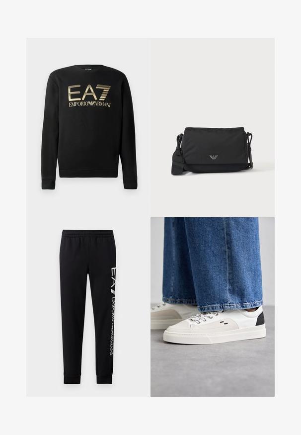 Mustsa kapuutsita sviiter, millel on rinna peal kuldne EA7 Emporio Armani logo. Pehme kangas ribiga varrukate ja äärtega.; Mustadest puuvillasegustest dressipükstest, millel on elastne vöökoht, kitsenevad säärte ning ribatsoonidega mansetid ja valge logo trükk külgmisel osal.; Valged ja mustad spordijalatsid sileda nahkpealise, tekstuursete aktsentidega ja paksu valge tallaga. Omab klassikalist nööbistamise disaini.; Must ristkott-kott reguleeritava rihma ja väikese hõbedase logoga esipaneelil, esitatud lihtsal heledal taustal.