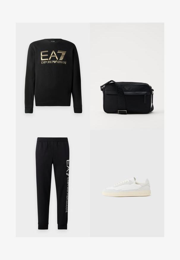 Čierna mikina s okrúhlym výstrihom, s vyšívaným zlatým logom EA7 Emporio Armani na hrudi. Mäkčená tkanina s rebrovanými manžetami a spodným okrajom.; Čierne tepláky vyrobené z bavlnenej zmesi, s elastickým pásom, zúženými nohavicami, ribovanými manžetami a bielym logom na boku.; Biela teniska s jemne štruktúrovaným zvrškom zo semišu a kože. Má zaoblenú špičku, viazanie na šnúrky a kontrastnú béžovú gumovú podrážku.; Čierna nylonová taška cez rameno so kontrastným popruhom, štýlovým obdĺžnikovým tvarom, detailom loga a zipsovou kapsou na prednej strane.