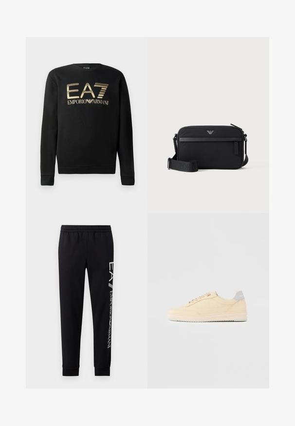 Sudadera negra con cuello redondo, que presenta el logo dorado de EA7 Emporio Armani en el pecho. Tejido suave con puños y dobladillo acanalados.; Pantalones de chándal negros hechos de una mezcla de algodón, con una cinturilla elástica, piernas estrechas, puños acanalados y estampado de logo blanco en el lateral.; Zapatilla deportiva beige de corte bajo con cierre de cordones en la parte delantera, suela rosa claro y lengüeta trasera gris con la marca "Filling Pieces", mostrada de perfil sobre un fondo liso.; Bolso bandolera rectangular negro con bolsillo frontal con cremallera, correa ajustable y pequeño logo metálico en el centro superior.