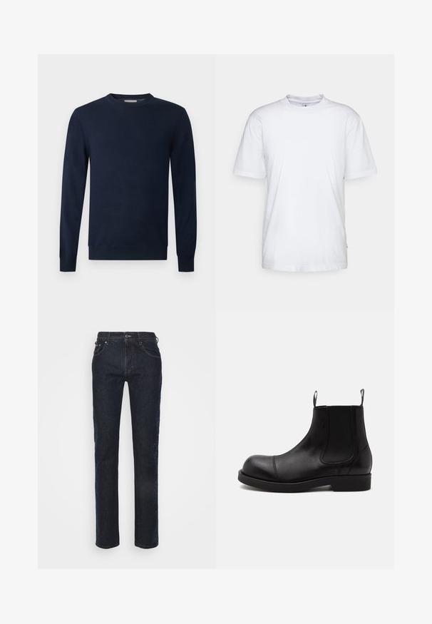 Pull bleu marine foncé à manches longues avec col rond, poignets et ourlet côtelés sur un fond clair uni.; T-shirt en coton blanc avec un col rond, des manches courtes et un ourlet droit. Présente une petite étiquette de marque sur la couture latérale gauche.; Roberto Cavalli SKIN JAGUA SIDE - Jeans Skinny - medium blue denim; Bottine Chelsea en cuir noir à bout arrondi, panneaux latéraux élastiques, languettes à l’avant et à l’arrière, semelle plate, vue de côté sur fond blanc.