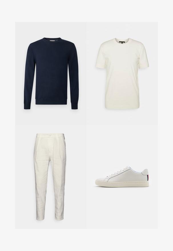 Mørk marineblå langærmet sweater med rund hals, ribstrikkede manchetter og kant på en ensfarvet lys baggrund.; DRYKORN RAPHAEL - T-shirts basic - ecru; Lys beige skræddersyede bukser lavet af blødt stof, med knaplukning, folder foran og tapered ben. Glat tekstur.; Hvide lædersneakers med en glat tekstur, rund tå, flad sål og matchende snørebånd. Har en farverig stribet detalje på hælen.