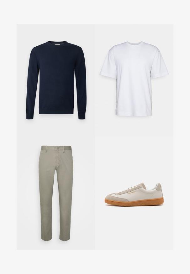 Tmavomodrý sveter s dlhým rukávom a okrúhlym výstrihom, s patentovými manžetami a lemom na svetlom jednofarebnom pozadí.; Filippa K HEAVY CREW NECK TEE - Základné tričko - white; Svetlosivé khaki nohavice s úzkym strihom, so športovou prednou časťou, štandardnými vreckami a hladkou textúrou látky.; Biele a béžové nízke tenisky s gumovou podrážkou, bielymi šnúrkami, semišovými detailmi a zlatým logom "Paul Smith" na boku.