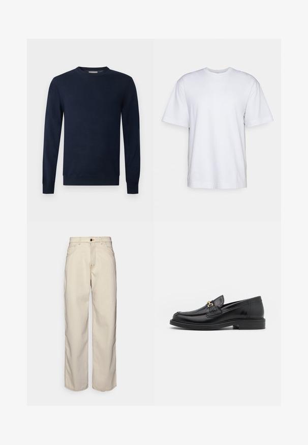Tmavomodrý sveter s dlhým rukávom a okrúhlym výstrihom, s patentovými manžetami a lemom na svetlom jednofarebnom pozadí.; Filippa K HEAVY CREW NECK TEE - Základné tričko - white; Fiorucci CARPENTER - Džínsy s rovným strihom - white; Čierne kožené loafers so zaoblenou špičkou, s pozlátenými kovovými prvkami a detailným šitím, uložené na nízkej, textúrovanej gumenej podrážke.