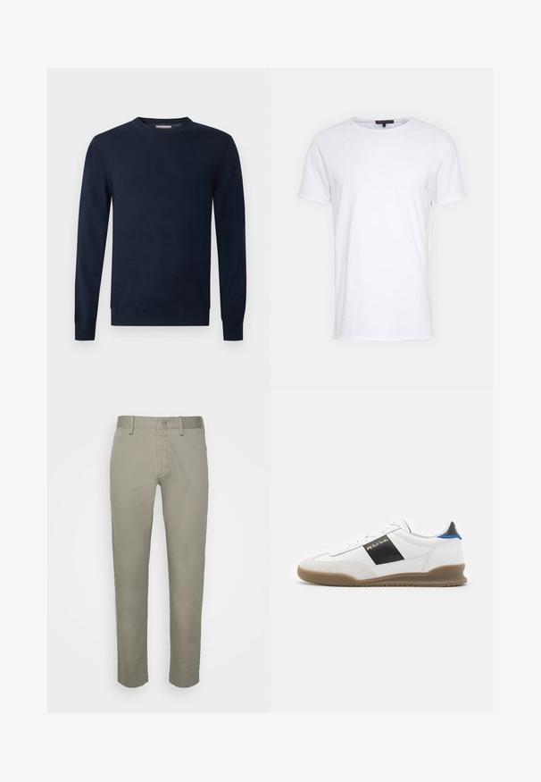 Pull bleu marine foncé à manches longues avec col rond, poignets et ourlet côtelés sur un fond clair uni.; T-shirt en coton blanc avec un col rond, des manches courtes et une coupe droite. Présente une texture simple et lisse, sans motifs supplémentaires.; Pantalons khaki gris clair au design ajusté, avec une taille plate, des poches standard et une texture de tissu lisse.; Basket blanche avec des accents noirs et bleus, dessus en suède et cuir, bout rond, semelle plate en caoutchouc, et détail de marque dorée sur le côté.