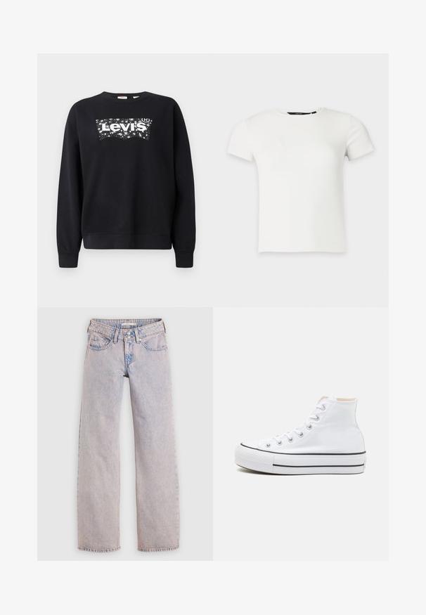 Must paisu, mis on valmistatud puuvillast, sisaldab valget "Levi's" logo tähistaeva kujunduses. Ümar kaelus ning soonikkoes varrukad ja allserv.; Valge lühikestevarrukatega soonikkoega t-särk ümar kaelusega, esitatud lihtsal helehallil taustal.; Heledatindiga teksat kuju teksatidega, millel on sirge säär, viie taskuga disain, topeltkruvi sulgur ja minimaalse tuhmumisega.; Valged kõrged tossud, millel on tekstiilmaterjal, must kummist tallat ja kontrastne must riba keskosas. Ümar varbakiht ja nöörimise disain.