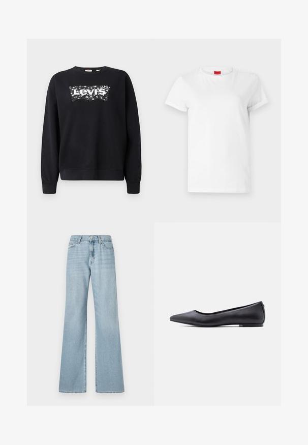 Čierna mikina vyrobená z bavlny, s bielym logom "Levi's" v hviezdnom dizajne. S okrúhlym výstrihom a rebrovanými manžetami a lemom.; Biela krátka tričko s krátkym rukávom vyrobené z ľahkej bavlny. Má okrúhly výstrih a zamotané rukávy. Červená logo nálepka na golieri.; Svetlomodré široké nohavice vyrobené z denimu, s vysokým pásom, prednými vreckami a jemným vyblednutím v celom materiáli.; Čierna kožená balerína s špičatou špičkou a nízkym podpätkom, zobrazená z profilu na bielom pozadí.