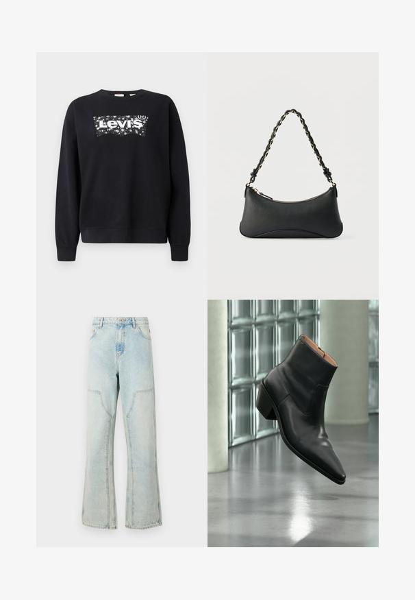 Zwarte sweatshirt van katoen, met een witte "Levi's" logo in een sterrenontwerp. Ronde hals en ribgebreide manchetten en zoom.; Lichtblauwe denim jeans met een losse pasvorm, wijde benen en voorzakken. Voorzien van een knoopsluiting en riemlussen.; Zwarte leren enkellaars met een spitse neus en blokhak die zweeft boven een reflecterende grijze vloer nabij een glazen blokmuur.; Zwarte lederen schoudertas met een gebogen rechthoekige vorm, gouden ketting verweven in een gevlochten zwarte band, en een ritssluiting bovenop.
