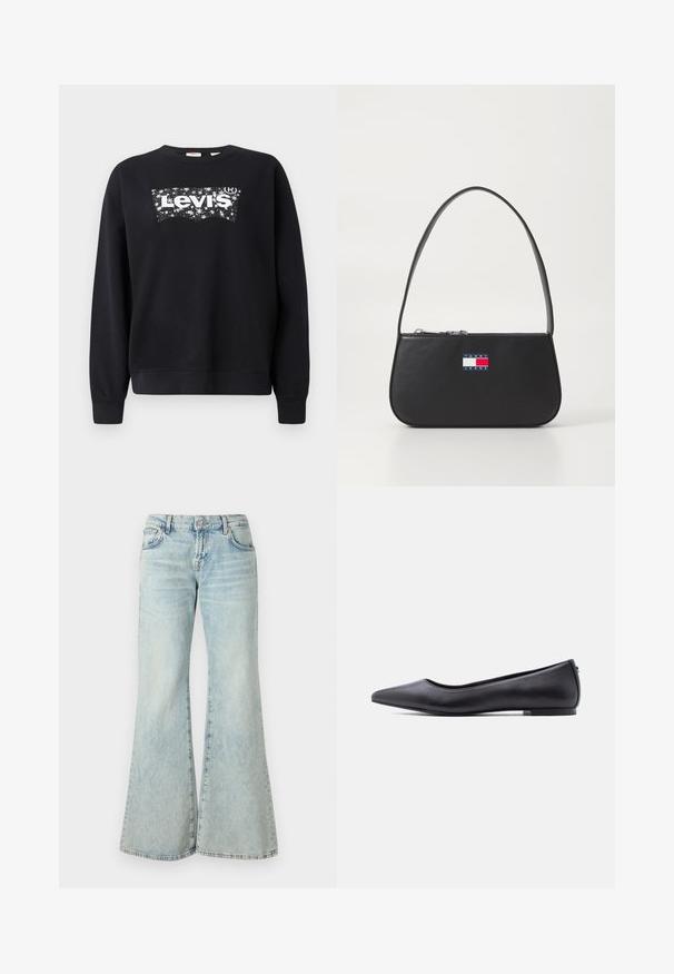 Sort sweatshirt lavet af bomuld, med et hvidt "Levi's" logo inden for et stjerneformet design. Rund hals og ribbede manchetter og kant.; Lyseblå flared jeans lavet af denim, med høj talje, lommer og frynset kant. Stoffet har et slidt look og en subtil struktur.; Sort flad lædersko med spidst tåparti og lav hæl, vist i sideprofil mod en hvid baggrund.; Sorte læderhandtaske med en buet form, kort hank og lynlåslukning. Har et multicolor logo patch på forsiden.