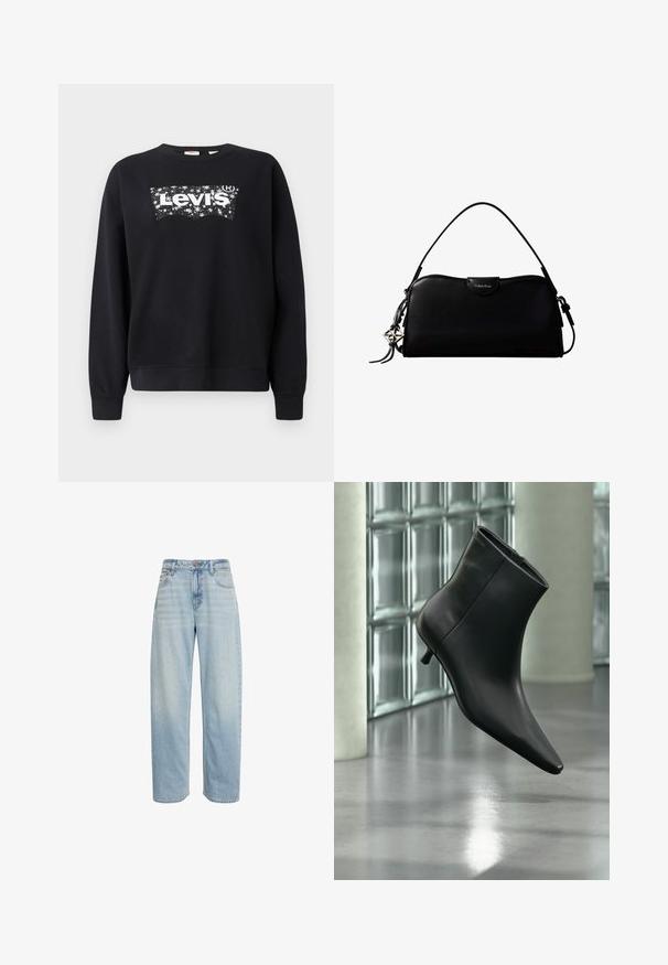 Schwarzer Sweatshirt aus Baumwolle mit einem weißen "Levi's"-Logo in einem sternenförmigen Design. Rundhalsausschnitt und gerippte Manschetten und Saum.; Hellblaue, hoch taillierte Straight-Leg-Jeans mit fünf Taschen und Knopfverschluss, vor weißem Hintergrund gezeigt.; Schwarzer Leder-Stiefelette mit spitzer Zehenpartie und niedrigem Kitten-Heel, schräg dargestellt vor einem polierten Boden und einer Glasbausteinwand.; Schwarze, rechteckige Calvin Klein Handtasche mit einem einzelnen Tragegriff oben, silbernem Logo-Anhänger und kleinem Klappverschluss auf der Vorderseite.