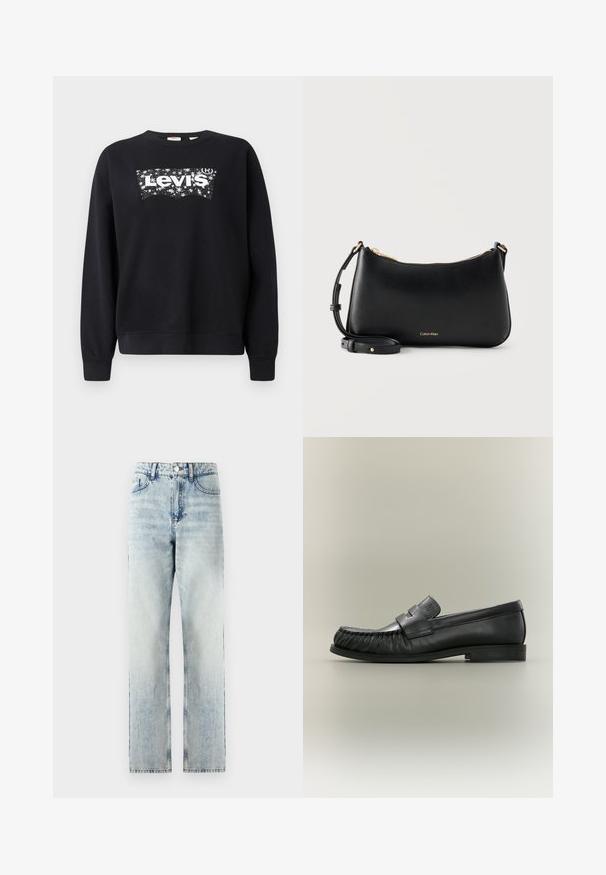 Must paisu, mis on valmistatud puuvillast, sisaldab valget "Levi's" logo tähistaeva kujunduses. Ümar kaelus ning soonikkoes varrukad ja allserv.; Heledad sinise värvi kõrge värvliga teksad. Sirge jalgadega disain kerge pleekimisega, viis taskut ja metallist nööbiga sulgemine.; Mustast nahast penny loafer volditud varbaga ja madala virnastatud kandega, vaadatuna külgvaates neutraalsel taustal.; Mustast nahast Calvin Kleini õlakott kuldse tõmbluku ja reguleeritava rihmaga ühtlasel heledal taustal.