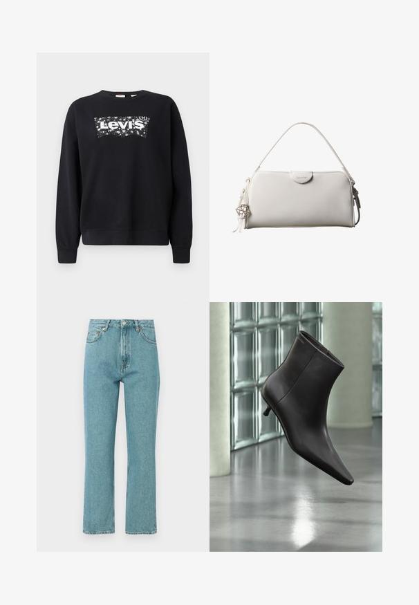 Zwarte sweatshirt van katoen, met een witte "Levi's" logo in een sterrenontwerp. Ronde hals en ribgebreide manchetten en zoom.; Lichtblauwe, high-waisted jeans met een rechte pijpdesign. Gemaakt van denim, met voorzakken en een knoopsluiting.; Zwarte leren enkellaars met puntige neus en lage hak, afgebeeld tegen een glazen blokkenmuur en gepolijste vloer op de achtergrond.; Witte rechthoekige Calvin Klein handtas met enkele handgreep, minimalistisch ontwerp en decoratieve kwastjes met geometrische metalen hanger aan de zijkant.