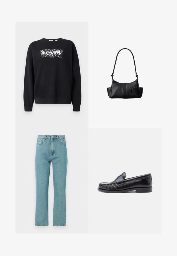 Must paisu, mis on valmistatud puuvillast, sisaldab valget "Levi's" logo tähistaeva kujunduses. Ümar kaelus ning soonikkoes varrukad ja allserv.; Hele sinine, kõrge vöökoht ja sirge säärekujundusega teksad. Valmistatud denimist, eestaskud ja nööpkinnitusega.; Mustad nahast loafers musta värvi, ümarate varvastega, eristuva õmblusega ja dekoratiivse rihmaga vampi üle. Sile viimistlus ja madal konts.; Mustast nahast õlakott pika sangaga, küljetaskute ja esiküljele pressitud Calvin Kleini logoga.