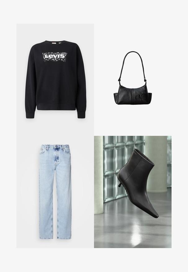 Čierna mikina vyrobená z bavlny, s bielym logom "Levi's" v hviezdnom dizajne. S okrúhlym výstrihom a rebrovanými manžetami a lemom.; Svetlomodré široké džínsy vyrobené z denimu, s vysokým pásom, vyblednutým umývaním a jemným vzorom batikovania na prednej strane.; Čierna kožená členková obuv s ostrou špičkou a nízkym podpätkom, zobrazená na pozadí steny zo sklenených blokov a leštenej podlahy.; Čierna kožená taška cez rameno s dlhým popruhom, bočnými vreckami a vystúpeným logom Calvin Klein vpredu.