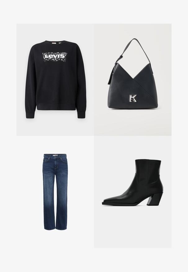 Must paisu, mis on valmistatud puuvillast, sisaldab valget "Levi's" logo tähistaeva kujunduses. Ümar kaelus ning soonikkoes varrukad ja allserv.; Sinised sirge säärega teksapüksid, millel on eesmine nööp, luku, vööaasad ja kerge kulumine reite ja põlvede piirkonnas.; Must must jalatsid mustast nahast, terava ninaga, stiilne siluett ja jäme ruudukujuline konts. Sile tekstuur, millel on minimaalsed õmblemise detailid.; Mustast tekstureeritud nahast õlakott nurgelise disaini ja esiküljel oleva hõbedase metallist "K" logoga.
