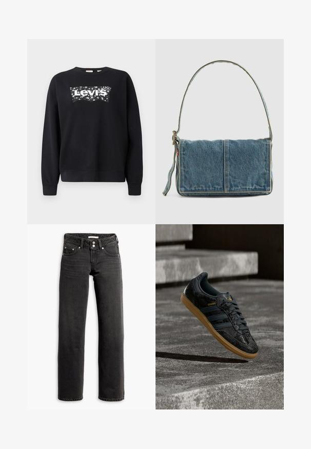 Čierna mikina vyrobená z bavlny, s bielym logom "Levi's" v hviezdnom dizajne. S okrúhlym výstrihom a rebrovanými manžetami a lemom.; Čierne rovné džínsy so prednými a zadnými vreckami, pútkami na opasok a dvojitým gombíkovým zapínaním v páse.; Čierna teniska Adidas Samba s textúrovaným vzorom, podrážkou z gumy a zlatým logom, umiestnená vo vzduchu nad betónovými schodmi.; Denimová taška na rameno s prehnutým dizajnom, svetlo modrej farby, s viditeľným prešívaním, nastaviteľným popruhom a bočným štítkom ako akcentom.