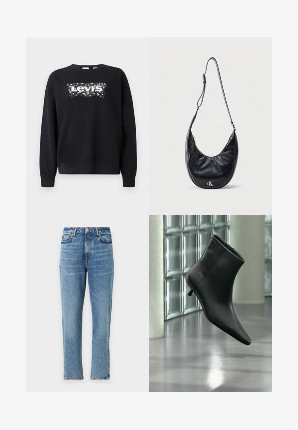 Sort sweatshirt lavet af bomuld, med et hvidt "Levi's" logo inden for et stjerneformet design. Rund hals og ribbede manchetter og kant.; Lyseblå denimjeans med høj talje, lige ben og slidt tekstur. Udstyret med sølvhardware og kontrasterende syninger.; Sort læderankelstøvle med spids tå og lav kitten-hæ, vist vinklet mod en poleret gulv- og glasblokvæg.; Sort halvmåneformet skuldertaske i læder med justerbar rem og sølvfarvet "cK"-logo foran, mod en ensartet hvid baggrund.