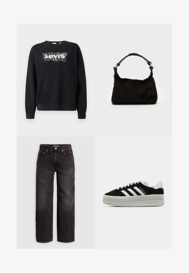 Sort sweatshirt lavet af bomuld, med et hvidt "Levi's" logo inden for et stjerneformet design. Rund hals og ribbede manchetter og kant.; Levi's® BAGGY DAD - Baggy jeans - shrink up; Sort ruskind sneaker med hvide læderdetaljer, tre hvide striber, flade snørebånd og en tyk grå platformsål. Guldfarvet "Gazelle" branding.; Sort faux fur håndtaske med en blød tekstur, rund form og en robust skulderrem i sort læder. Synlige sølvhardware-detaljer.