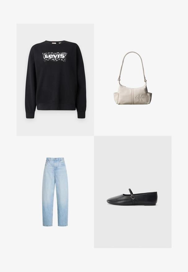 Čierna mikina vyrobená z bavlny, s bielym logom "Levi's" v hviezdnom dizajne. S okrúhlym výstrihom a rebrovanými manžetami a lemom.; Svetlomodré rifle s vysokým pásom a rovnými nohavicami, s prednými vreckami, pútkami na opasok a zapínaním na gombík.; Čierne kožené baletky s špicatou špičkou, plochou podrážkou a malým remienkom so striebornou prackou.; Malá béžová kožená kabelka cez rameno s nastaviteľným popruhom a vyrazeným logom Calvin Klein v prednej časti v strede.