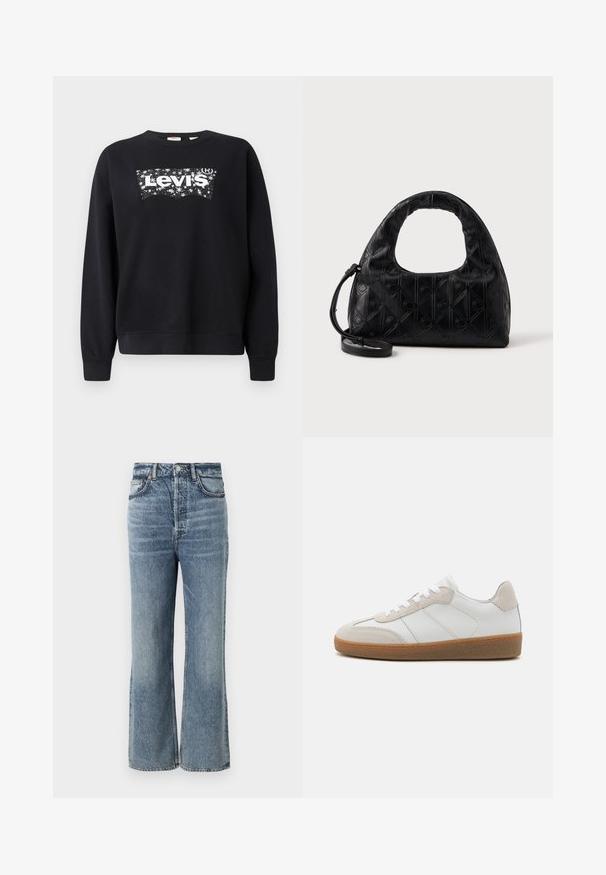 Čierna mikina vyrobená z bavlny, s bielym logom "Levi's" v hviezdnom dizajne. S okrúhlym výstrihom a rebrovanými manžetami a lemom.; Svetlomodré džíny s vysokým pásom a širokým nohaviciam, dokončené jemným vyblednutím, dizajnom s piatimi vreckami a kovovými gombíkmi.; Biele kožené tenisky s béžovými semišovými akcentmi, textúrovaným jazykom a gumovou podrážkou. Obsahuje biele šnúrky a nenápadné šité detaily.; Čierna kožená kabelka s zakrivenou hornou rukoväťou, jemným diamantovým vzorom a odnímateľným popruhom. Povrch je hladký s embosovanými detailmi.