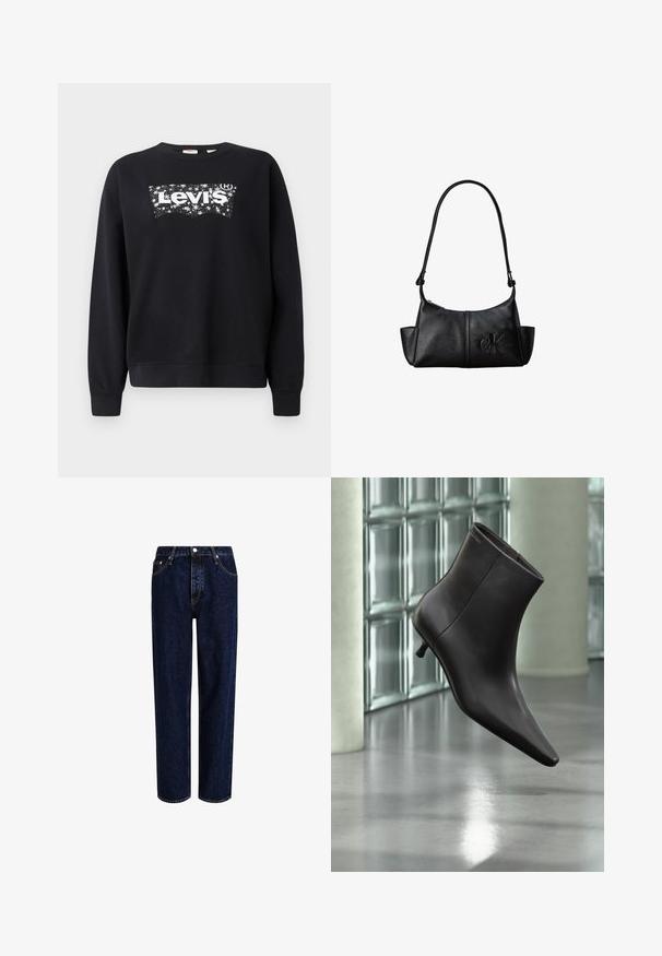 Sort sweatshirt lavet af bomuld, med et hvidt "Levi's" logo inden for et stjerneformet design. Rund hals og ribbede manchetter og kant.; Mørkeblå denim jeans med lige ben-design, der har høj talje, fem-lomme-stil og kontrastsyninger. Ingen dekorationer.; Sort læderankelstøvle med spids tå og lille hæl vist mod en væg af glasblokke og poleret gulv baggrund.; Sort læder skuldertaske med lang rem, sidelommer og præget Calvin Klein-logo på fronten.