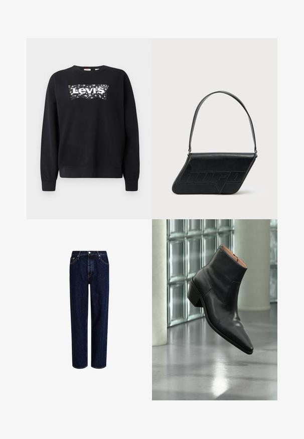 Sort sweatshirt lavet af bomuld, med et hvidt "Levi's" logo inden for et stjerneformet design. Rund hals og ribbede manchetter og kant.; Mørkeblå denim jeans med lige ben-design, der har høj talje, fem-lomme-stil og kontrastsyninger. Ingen dekorationer.; Sort læderankelstøvle med spids tå og blokhæl, der svæver over en reflekterende grå gulv nær en væg af glasblokke.; Sort skuldertaske i læder med trekantet form, præget logo og en enkelt justerbar rem. Minimalistisk design med glat tekstur.