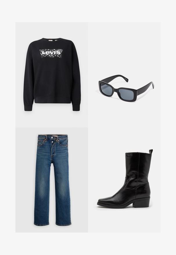 Čierna mikina vyrobená z bavlny, s bielym logom "Levi's" v hviezdnom dizajne. S okrúhlym výstrihom a rebrovanými manžetami a lemom.; Rifle z denimu tmavomodrej farby s voľným strihom. Majú päť vreciek, zapínanie na gombíky a jemné vyblednutie na stehnách.; Čierne kožené členkové čižmy s špičatou špičkou, nízkym blokovým podpätkom a prešívanými detailmi. Obsahujú bočné elastické panely pre jednoduché obutie.; Čierne obdlžnikové slnečné okuliare s tmavými tónovanými sklami, hrubým plastovým rámom a širokými časťami na spánkoch. Hladký povrch a ostrý dizajn.