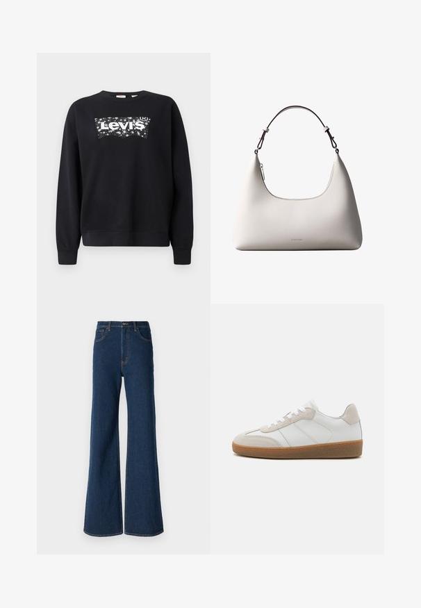Must paisu, mis on valmistatud puuvillast, sisaldab valget "Levi's" logo tähistaeva kujunduses. Ümar kaelus ning soonikkoes varrukad ja allserv.; Abercrombie & Fitch Avar lõikega teksad - rinse; Valged nahast spordijalatsid, millel on beežist sametist aksessuaarid, tekstureeritud keel ja kummitald. Omab valgeid paelu ja peeneid õmblusdetailide. ; Kreemjagu Calvin Kleini nahast õlakott kõverdatud ülaäärtega, hõbedase tõmblukuga ja tumepruuni reguleeritava rihmaga.