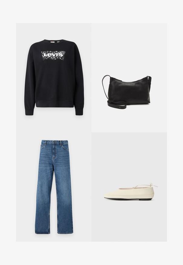 Must paisu, mis on valmistatud puuvillast, sisaldab valget "Levi's" logo tähistaeva kujunduses. Ümar kaelus ning soonikkoes varrukad ja allserv.; Kõrge vöökohaga sinised teksapüksid laia säärega, millel on sile tekstuur, minimaalne õmbluste peenhäälestus ja klassikaline viie taskuga stiil.; Kreemikaalased lamedad jalanõud ümmarguse varbaga, pahkluu rihmaga ja kontrastse musta kummitaldaga. Sile materjal ja minimaalne detailide hulk.; Mustmust nahk õlakotil on sile tekstuur, kumer kuju, reguleeritav rihm ja lukuga sulgemine. Minimalistlik disain ilma kaunistusteta.