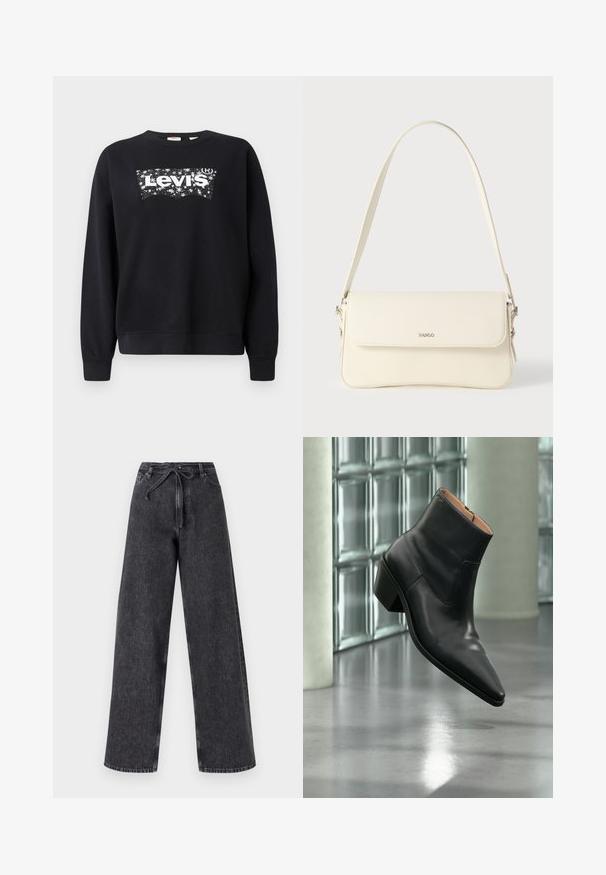 Zwarte sweatshirt van katoen, met een witte "Levi's" logo in een sterrenontwerp. Ronde hals en ribgebreide manchetten en zoom.; Hoge taille, wijde pijp zwarte denim jeans met een trekkoordsluiting. Heeft een vervaagde textuur en subtiele stikseldetails.; Zwarte leren enkellaars met een spitse neus en blokhak die zweeft boven een reflecterende grijze vloer nabij een glazen blokmuur.; Schoudertas van crèmegekleurd leer met een klepafsluiting, zilverkleurige hardware, een enkele verstelbare riem en subtiele logodetails.
