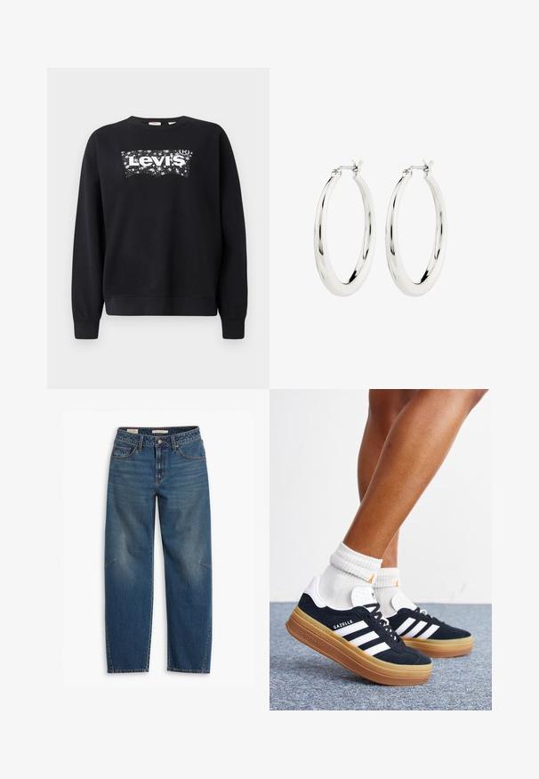 Must paisu, mis on valmistatud puuvillast, sisaldab valget "Levi's" logo tähistaeva kujunduses. Ümar kaelus ning soonikkoes varrukad ja allserv.; Sinine teksapüksid lõtva istumisega, kõrge vöökoht, sirged sääred, nähtavad õmblused ja väike aktsent vasakul põlvel.; Jalad valgete sokkide ja mustade Adidas Gazelle tossudega, millel on valged triibud ja paksud pruunid tallad, halli vaibaga põrandal.; Hõbedased rõngaskõrvarõngad siledast ja läikivast viimistlusest. Ringikujuline, sisaldab kindlat kinnitust. Lihtne ja elegantne disain.