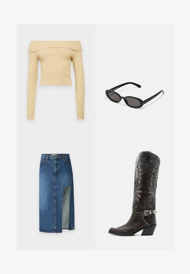 Haut à manches longues et décolleté une épaule en tissu tricoté beige clair avec un col côtelé. Longueur courte avec une texture douce.; Jupe en denim bleu moyen avec une coupe droite et une fente sur le côté. Comprend un design classique à cinq poches et des passants de ceinture, avec des coutures visibles.; Botte de cowboy en cuir noir avec découpes décoratives, boucle argentée et talon incliné, présentée sur fond blanc.; Even&Odd by Zalando Lunettes de soleil - black