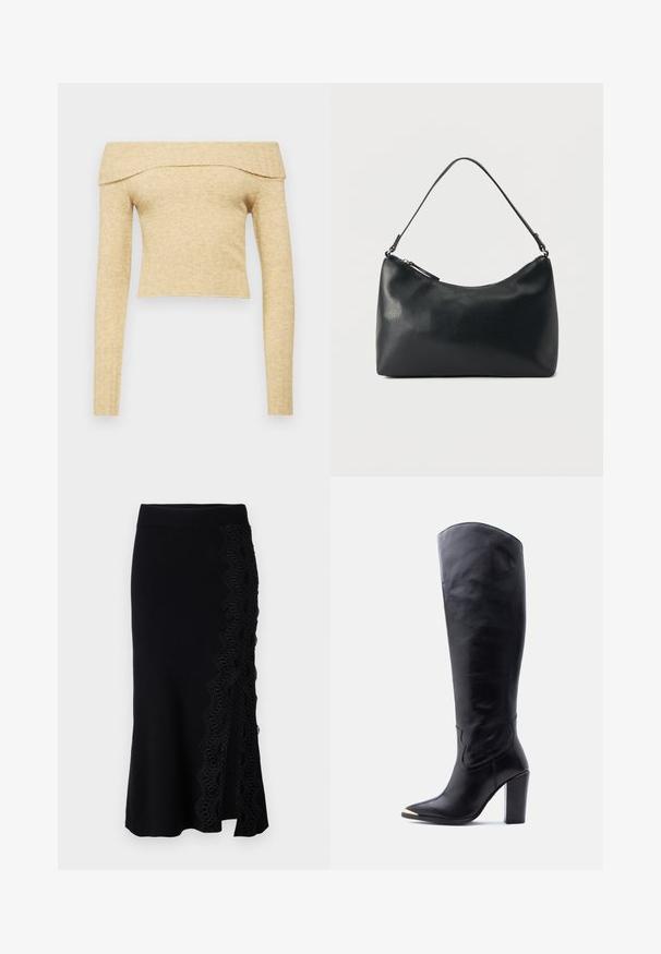 Off-the-shoulder, langærmet top i lys beige strikket stof med ribbet halsudskæring. Kort længde med blød tekstur.; Sort strikket nederdel med bølget blonde detaljer på siden. Nederkanten er let udvidet, og taljen er glat og tætsiddende.; Sort læder knæhøj støvle med spids tå, guldfarvet metalspids og blokhøj hæl på hvid baggrund.; Sort skuldertaske i struktureret læder med buet toplynlås og enkelt justerbar rem mod ensfarvet baggrund.