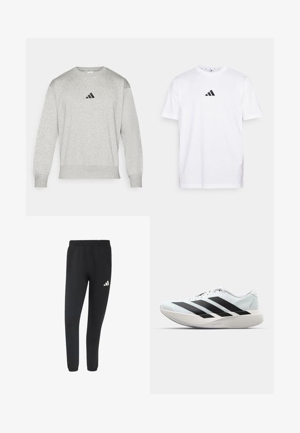 Grå sweatshirt lavet af bomuldsblandingsstof, med ribbede manchetter og kant, samt et lille sort Adidas-logo på brystet. Klassisk rundhalset design.; Hvid bomulds T-shirt med et lille sort trekantet logo på brystet, korte ærmer og rund halsudskæring. Enkel og klassisk design.; Sorte atletik joggingbukser med elastisk talje og manchetter, med en lille hvid Adidas-logo på højre lår.; Hvid løbesko med tre store sorte striber på siden og en tyk buet sål mærket Lightstrike Pro.