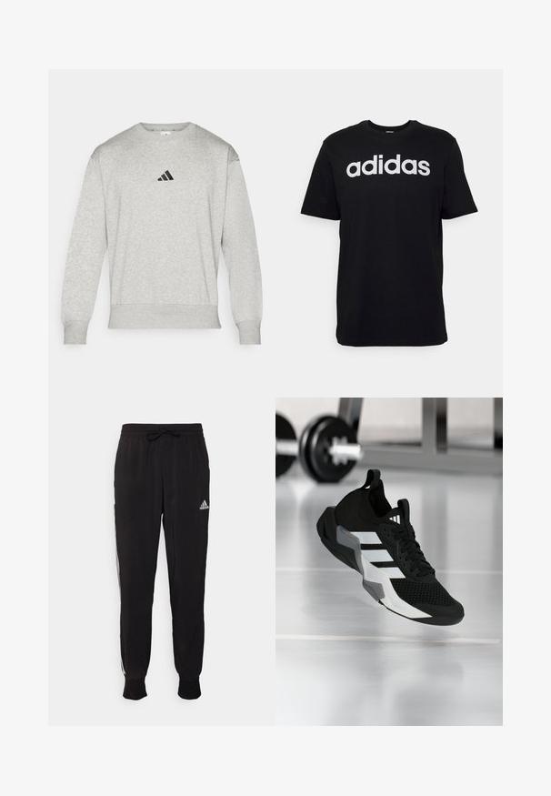 Grå sweatshirt lavet af bomuldsblandingsstof, med ribbede manchetter og kant, samt et lille sort Adidas-logo på brystet. Klassisk rundhalset design.; Sort bomulds t-shirt med korte ærmer, der har et stort hvidt Adidas-logo på forsiden. Klassisk crew neck-design.; Sorte atletiske bukser lavet af blødt stof, med snoretræk i taljen og hvide sidelister. Elastiske manchetter ved anklerne.; Sort atletiksko med en mesh-øverdel, hvide striber og grå accenter. Har polstret krave og gummisål. Velegnet til brug i fitnesscenter.