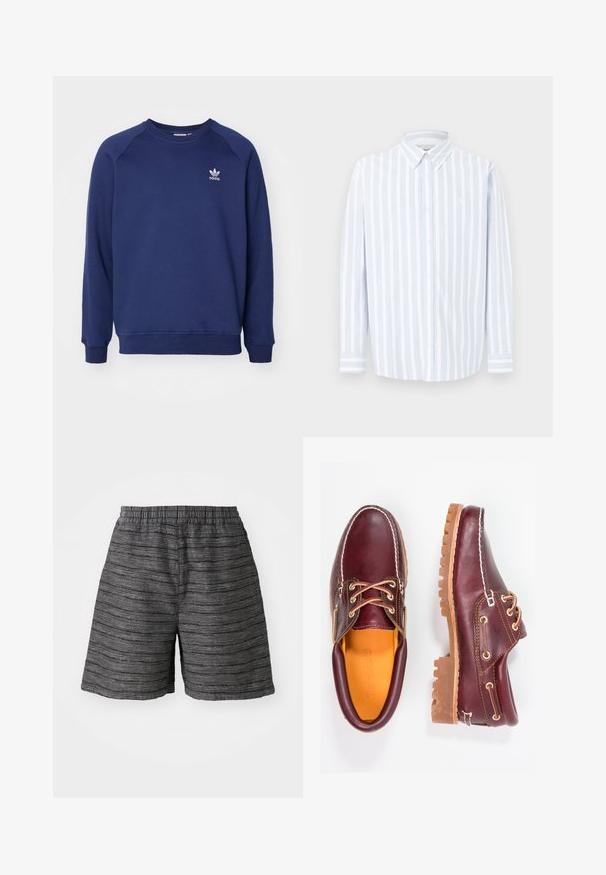 Tumesinine dressipluus pehmest kangast, millel on ümmargune kaelus, raglanvarrukad ja väike valge adidas logo rinnal.; Helsinist valgete triipudega helesinine triiksärk, pikkade varrukatega, nööpidega kraega, puuvillane kangas, rinnal väike logo, sirge lõige.; Hallid hallid lühikesed püksid elastse vöökohtaga, millel on tekstuuriga kangas ja horisontaalsed triibud. Keskmise reie pikkus ja mugav lõige.; Burgundia nahkkingad pruunide kummitaldadega, ümmarguse varbaga, valge tikandi ja kuldsete silmadega. Siseosa on kollase voodriga.