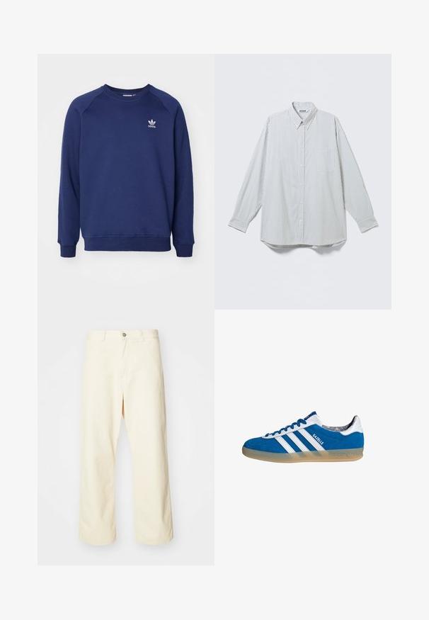 Sudadera de color azul marino hecha de tela suave, con cuello redondo, mangas raglán y un pequeño logo blanco de adidas en el pecho.; Camisa blanca de manga larga con botones, con finas rayas negras verticales y un bolsillo en el pecho, mostrada extendida sobre un fondo claro.; Pantalones de pierna ancha color crema hechos de algodón, con cierre de botón, presillas para cinturón y dobladillo cosido. Textura suave, sin patrones visibles.; Zapatilla Adidas Gazelle azul y blanca con suela de goma y tres franjas blancas, vista desde un lado sobre un fondo blanco.